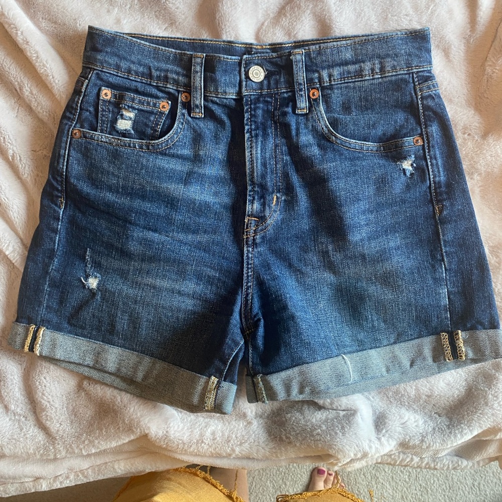 GAP High Rise Denim Blue Jean Shorts with Distressed Hem and Cuffed Design